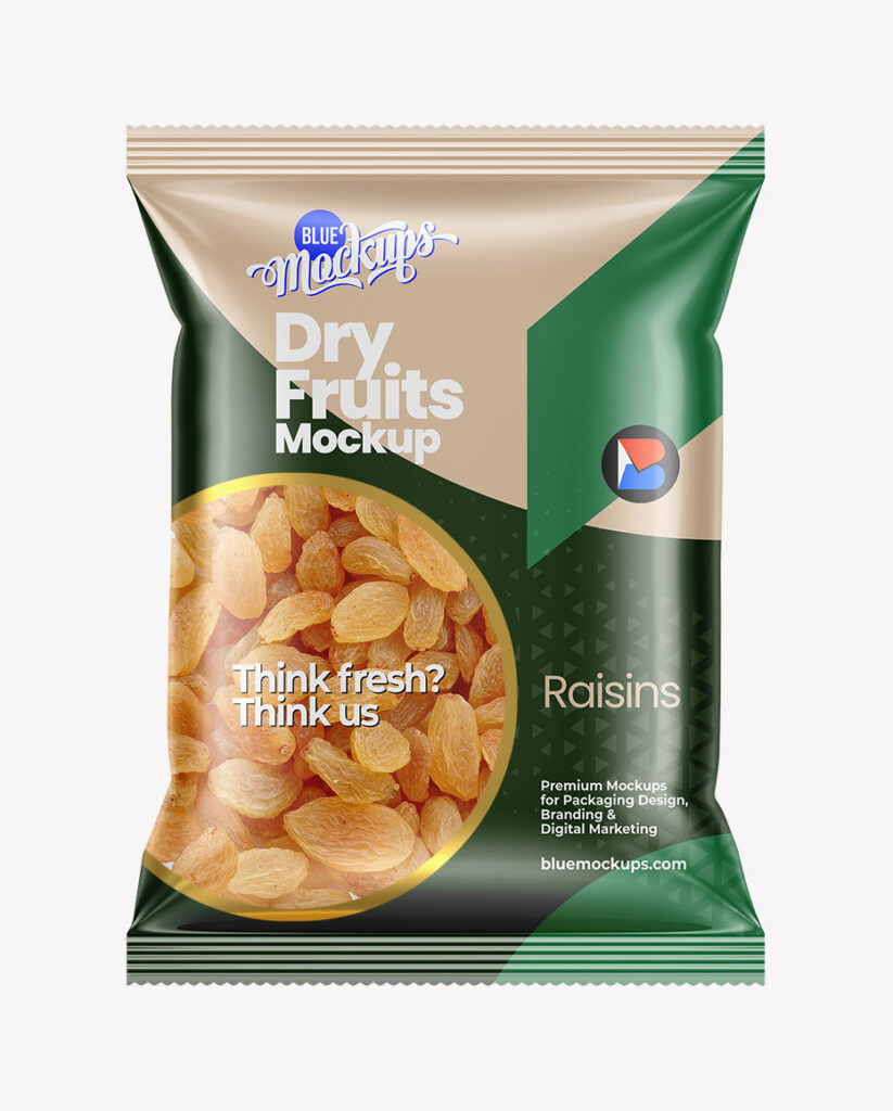Glossy Dry Fruits Bag Mockup Raisins Blue Mockups